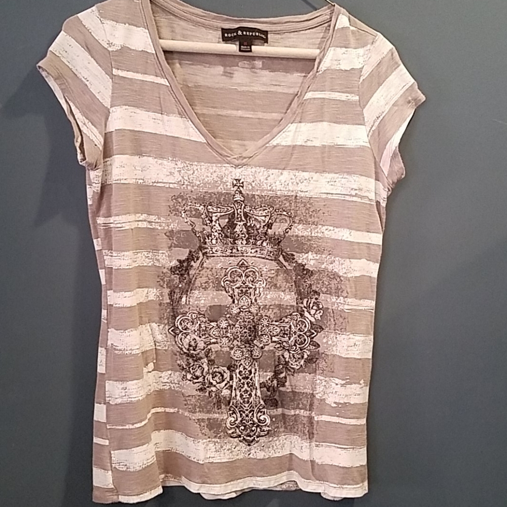 Rock‎ & Republic Cross and Crown striped graphic tee Medium